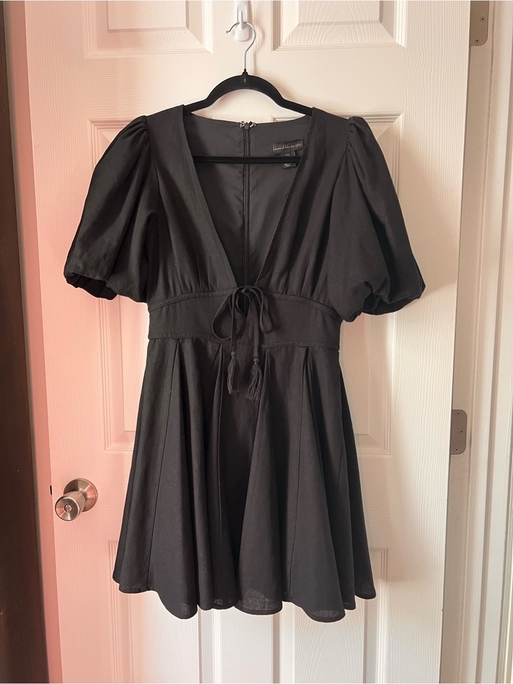 House of Harlow 1960 | Black Linen Blend Puff Sleeve Mini Dress | Size 4